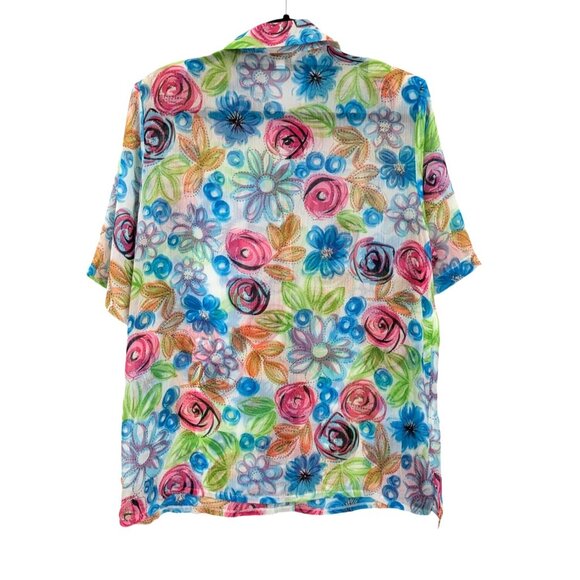 Vintage Tung Tai Button-Up Sheer Shirt Women Size 46 Abstract Floral Boho Retro - Picture 2 of 9